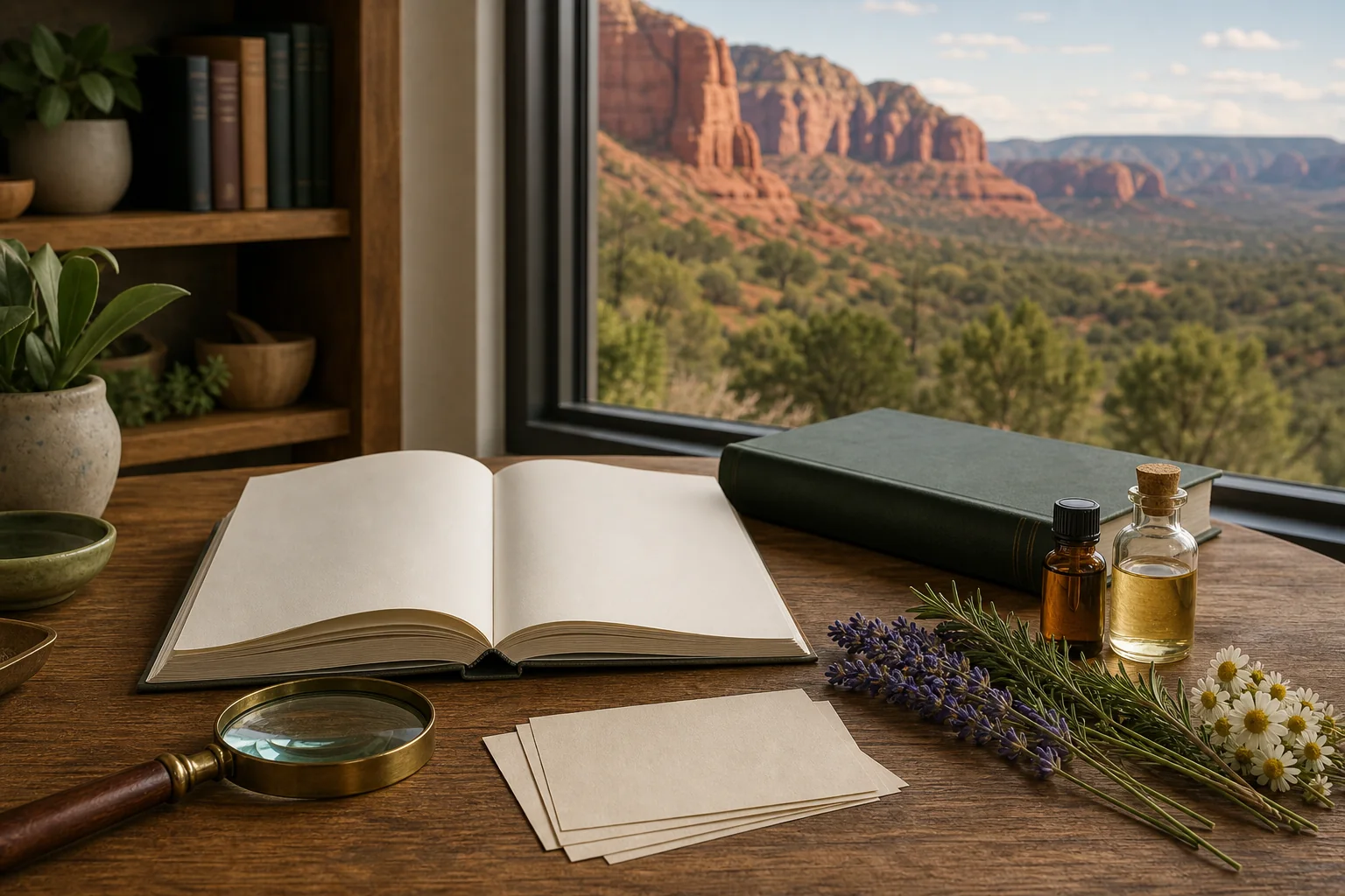 Frascos de aceites esenciales y plantas aromáticas sobre una mesa