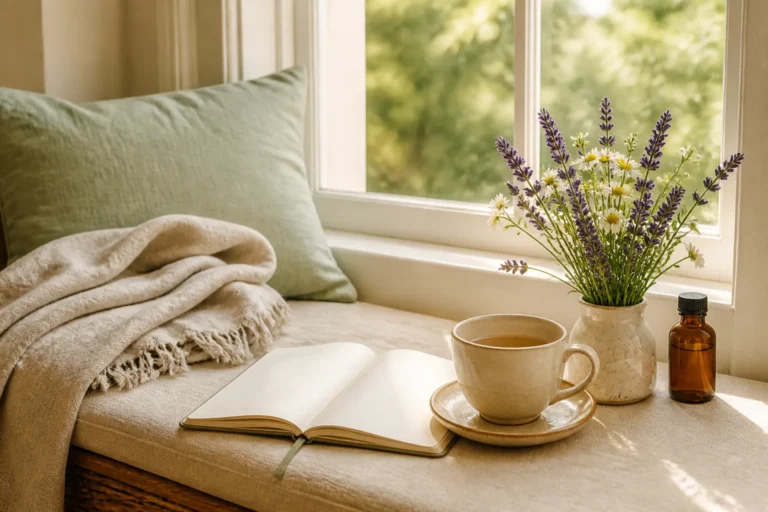 Sunlit window seat with a folded blanket, blank journal, herbal tea, lavender, chamomile, and a small unlabeled amber aromatherapy bottle.