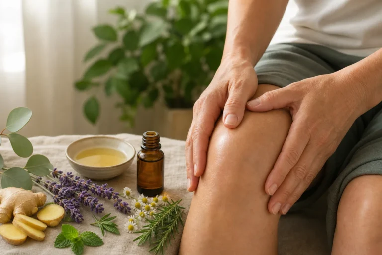 Adult gently holding a knee beside an amber essential oil bottle, carrier oil, lavender, ginger, peppermint, eucalyptus, chamomile, and rosemary.