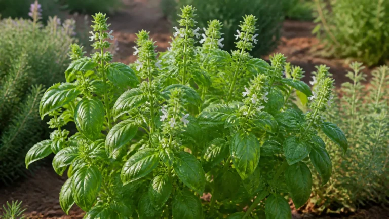 Branching sweet basil plant with broad bright-green leaves and upright spikes of small white flowers in a Mediterranean herb garden.