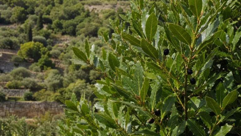 Bay laurel branch with glossy narrow leaves, subtly wavy margins, slender young twigs, and a few oval black fruits on a Mediterranean hillside.