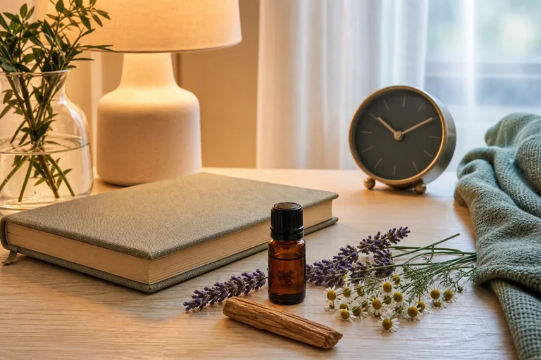 Amber essential oil bottle with lavender, Roman chamomile, cedarwood, a journal, and an evening clock.