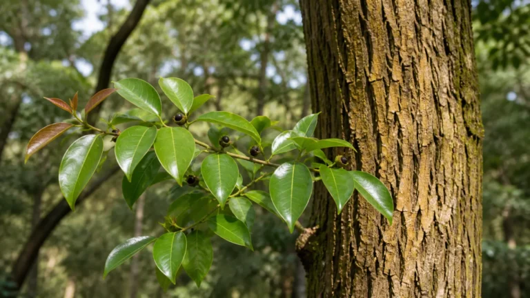 Camphor tree with deeply fissured yellow-brown bark, glossy three-veined leaves, coppery new growth, and small black drupes on a living branch.
