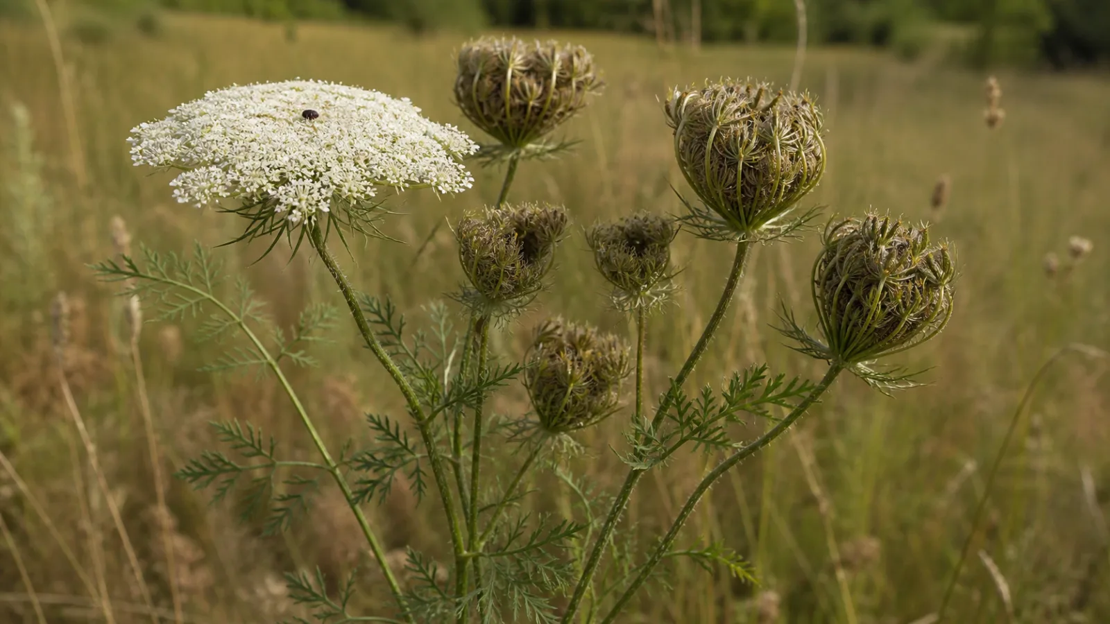 Wild carrot with feathery divided leaves, an open white flower umbel with a dark central floret, and several curled bird's-nest seed heads in a meadow.