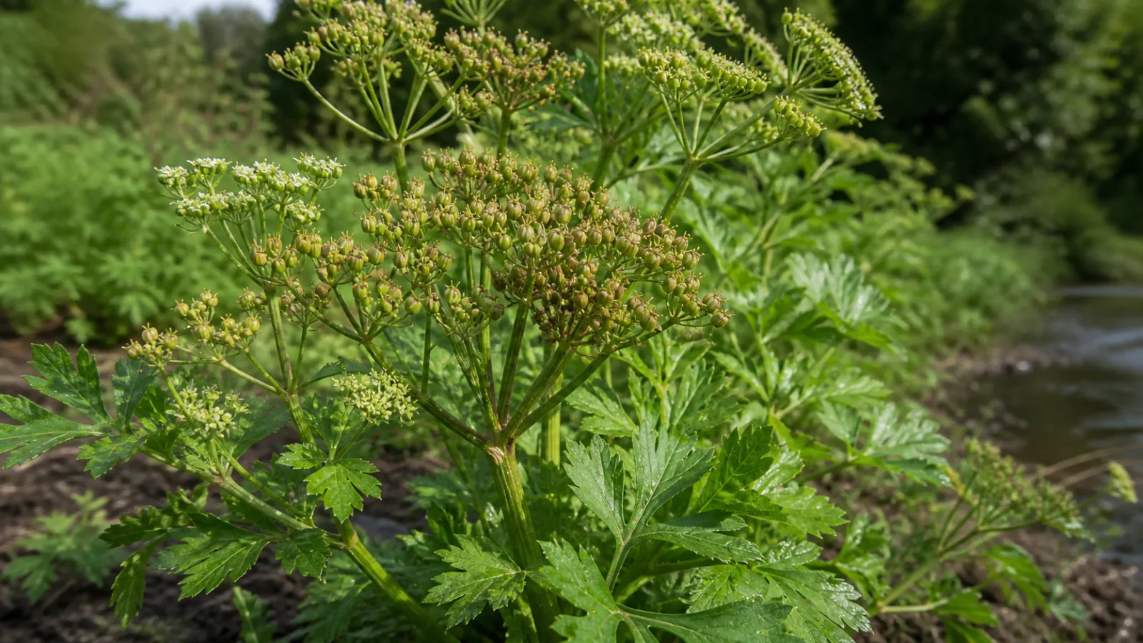 Seed-stage celery plant with grooved stems, divided green leaves, small greenish-white flower umbels, and clusters of tiny ribbed fruits.