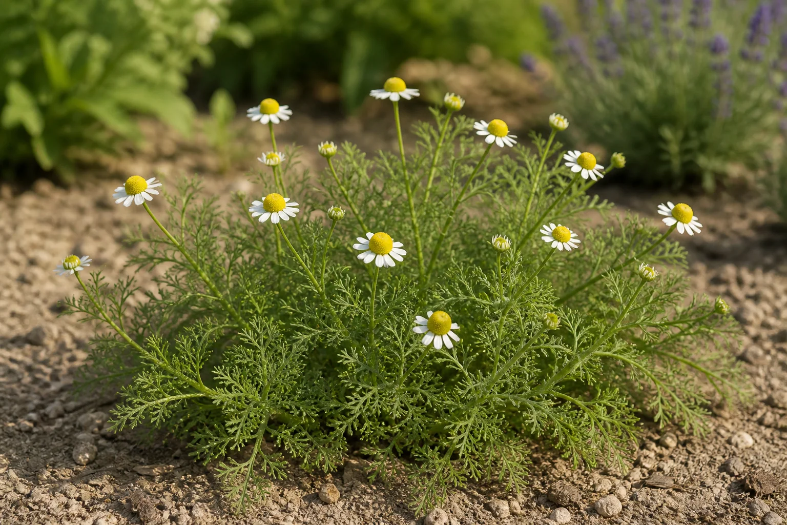 Roman chamomile growing as a low mound with finely divided green leaves, white flower heads, raised yellow centers, and several buds.