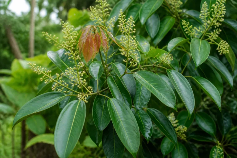 True cinnamon branch with glossy three-veined green leaves, copper-red young growth, and branching panicles of tiny cream flowers.