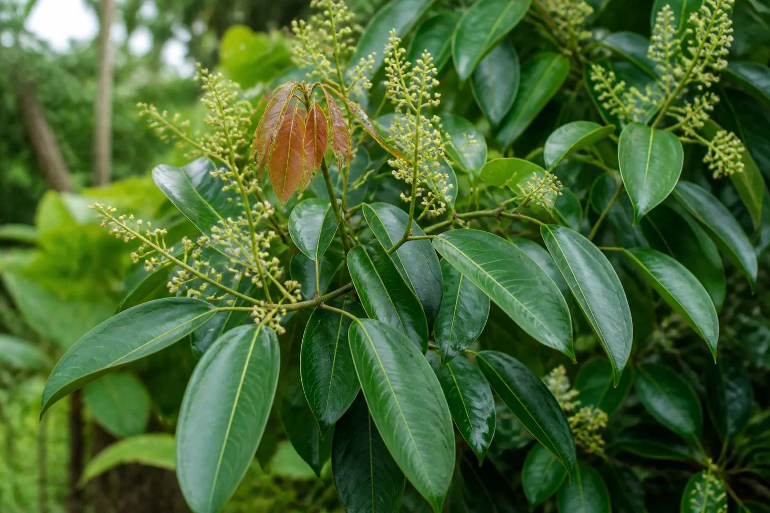 True cinnamon branch with glossy three-veined green leaves, copper-red young growth, and branching panicles of tiny cream flowers.