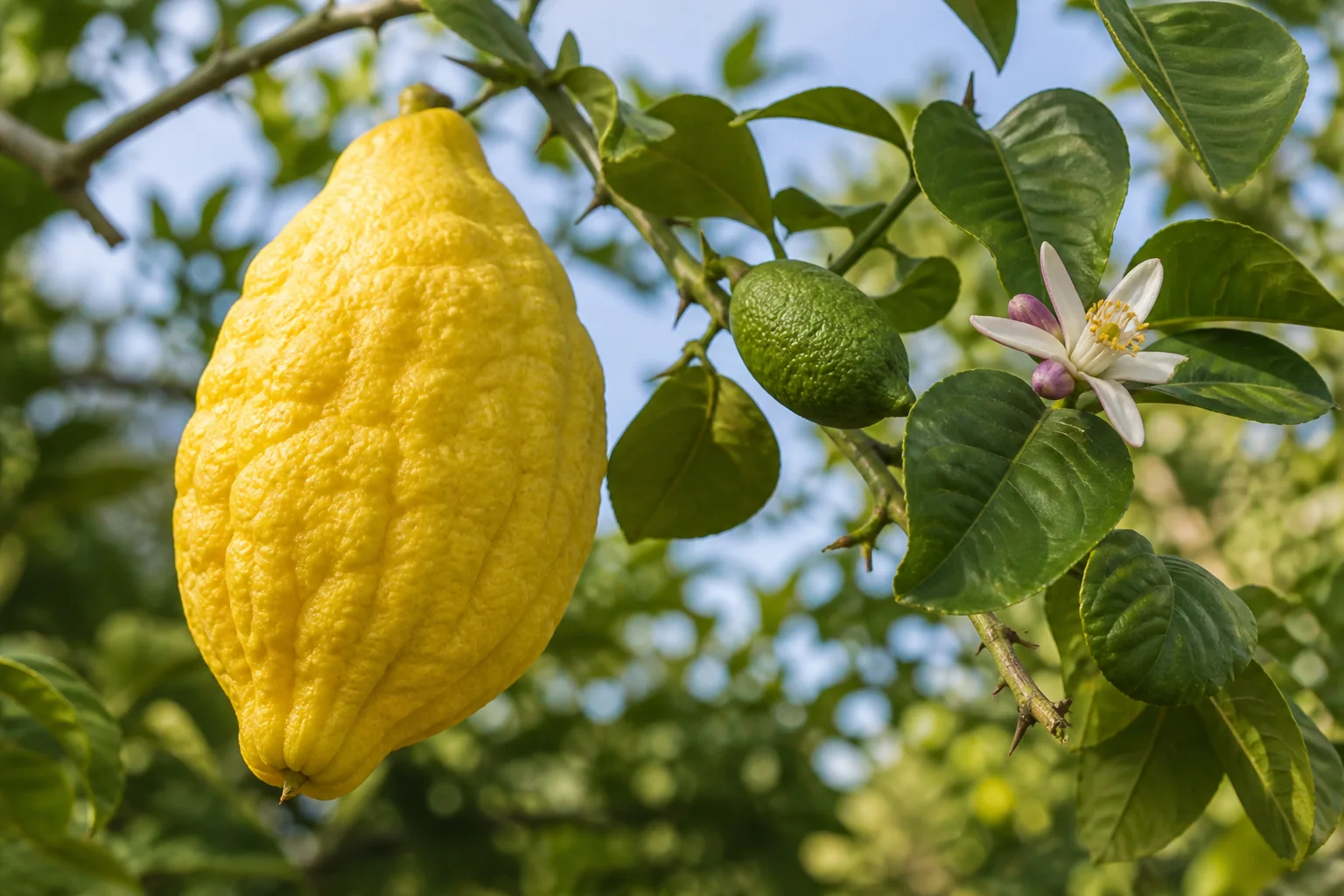 Large ripe yellow citron with a deeply textured thick rind beside a green fruit, glossy leaves, thorns, and a purple-tinged white flower.