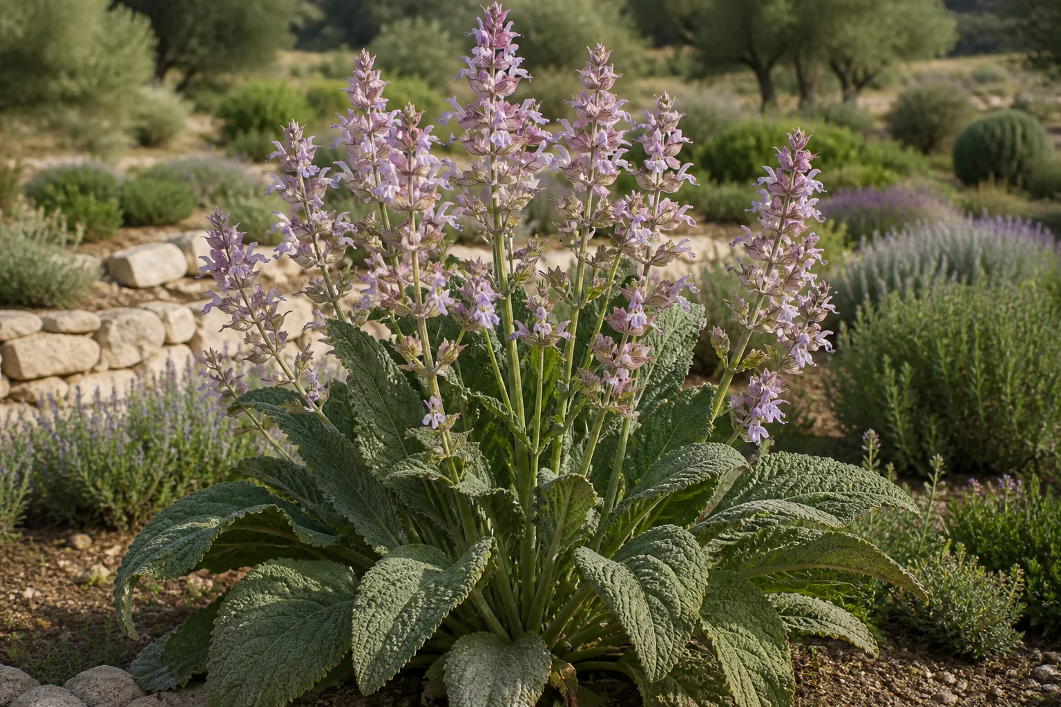 Clary sage with broad wrinkled gray-green leaves and tall stems bearing pale lilac and pink bracts around small flowers.