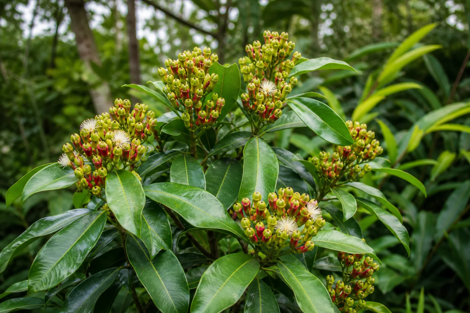 Clove tree branch with glossy opposite leaves and dense clusters of unopened nail-shaped flower buds changing from green to rosy red.