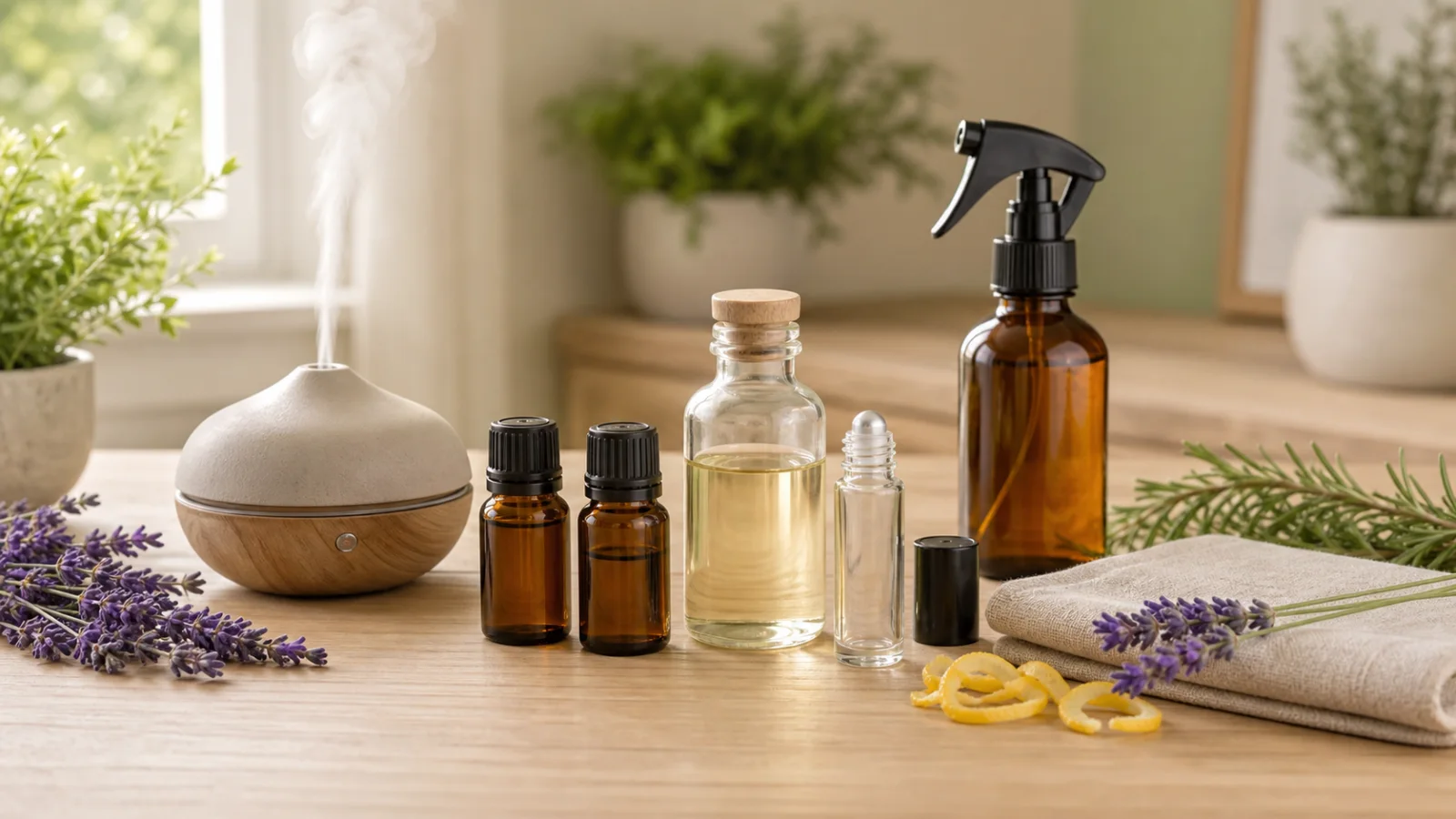 Essential oil diffuser, capped amber bottles, carrier oil, empty roller bottle, spray bottle, and folded linen arranged for everyday use.