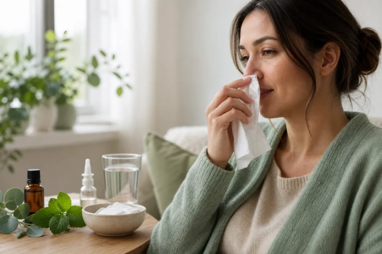 Adult holding a tissue near her nose beside an amber essential oil bottle, eucalyptus, peppermint, saline spray, and water.