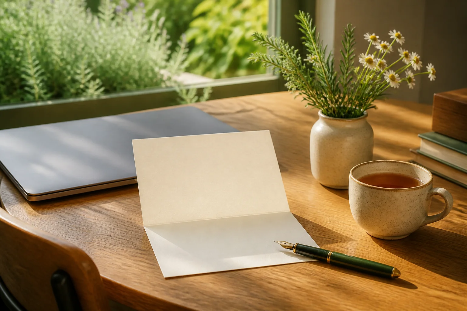 Cuaderno, sobre y plantas aromáticas para representar el contacto editorial