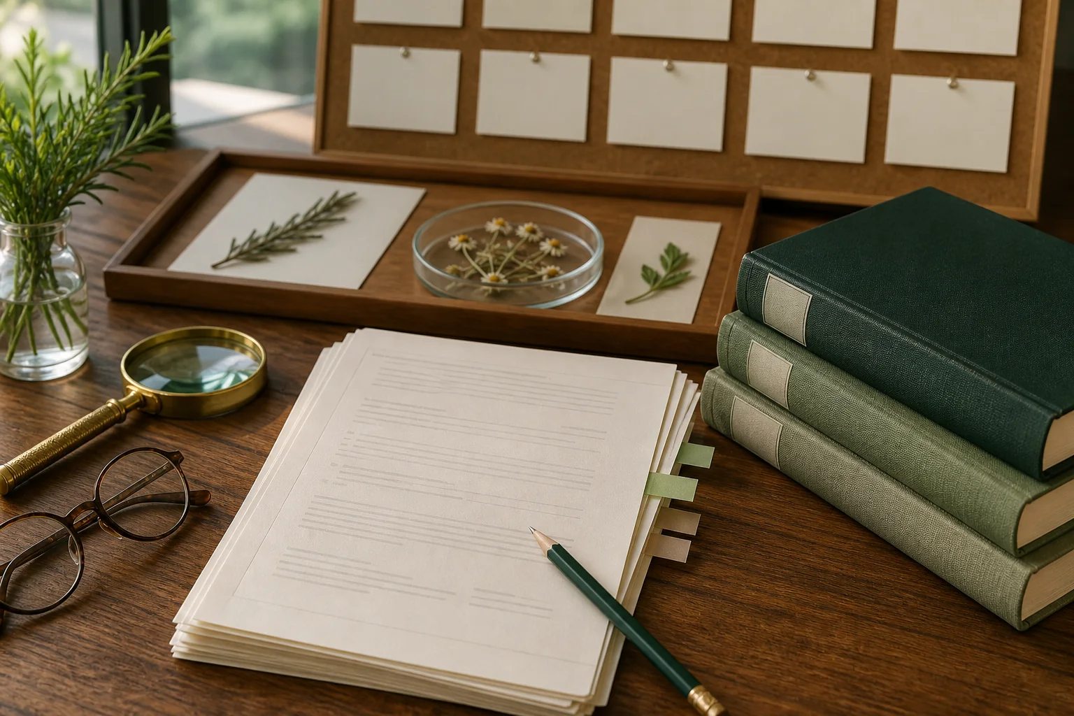 Libros, notas y plantas aromáticas para representar la revisión editorial