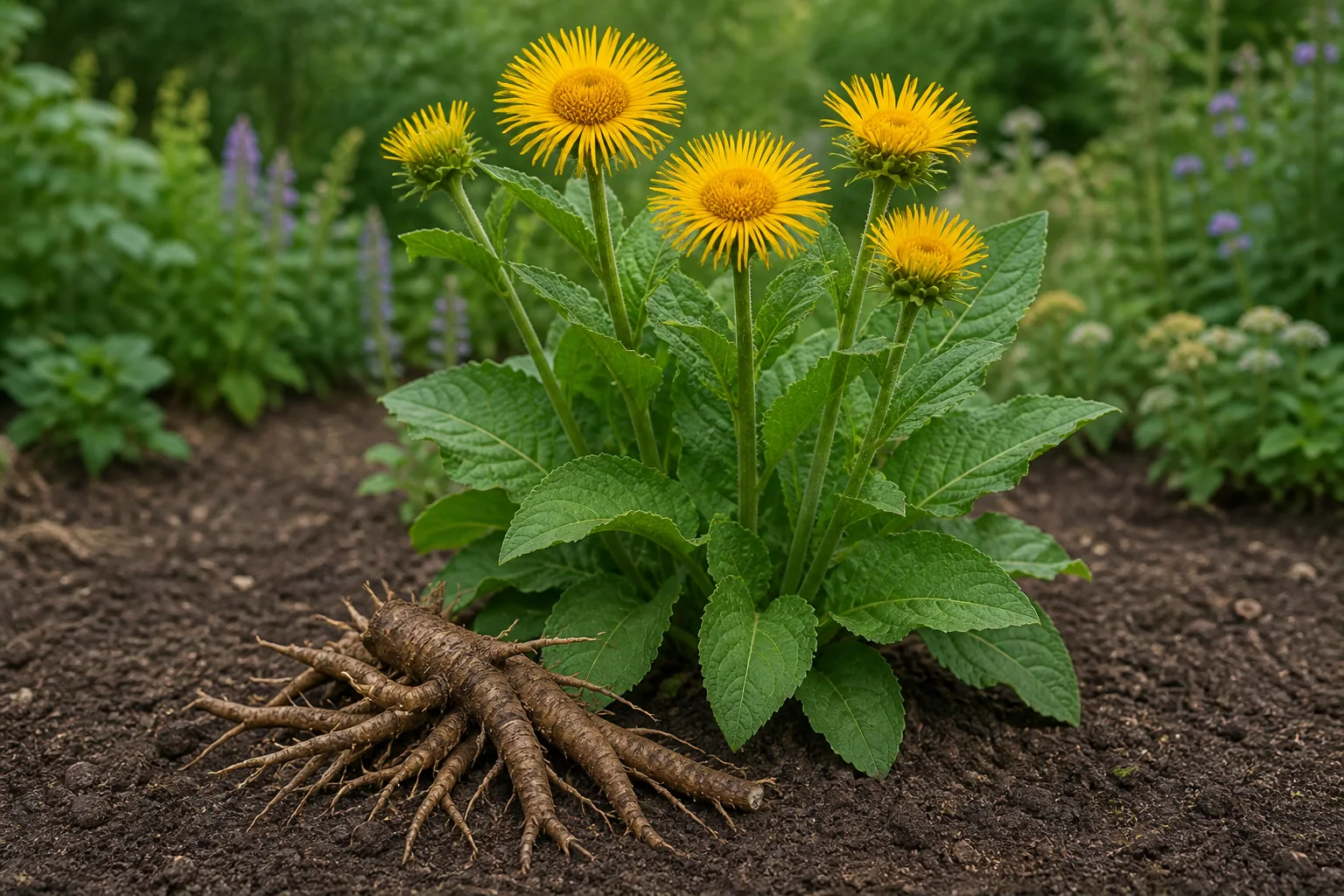 Elecampane with broad textured leaves, shaggy golden flower heads, and a freshly lifted branching brown rhizome resting on the soil.