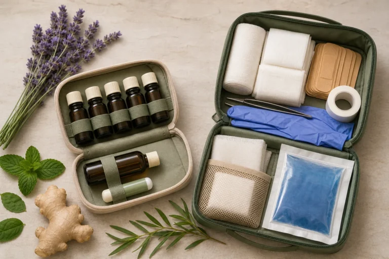 Amber essential oil bottles, lavender, peppermint, ginger, and tea tree beside an organized first aid kit with gauze, bandages, gloves, and a cold pack.
