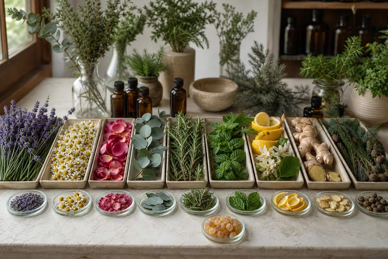 Organized botanical collection with lavender, chamomile, rose, eucalyptus, rosemary, mint, citrus, ginger, conifer foliage, resin, and amber bottles.