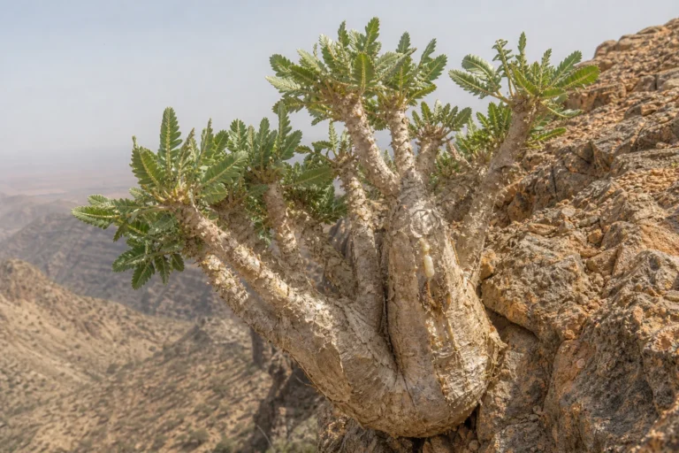 Rugged frankincense tree with a swollen base, peeling bark, pinnate leaves, and amber resin tears on an arid rocky cliff.