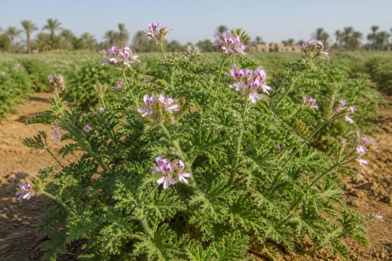 Egyptian rose-scented geranium in a warm cultivated field with deeply lobed aromatic leaves and small pale pink flowers marked by magenta veins.