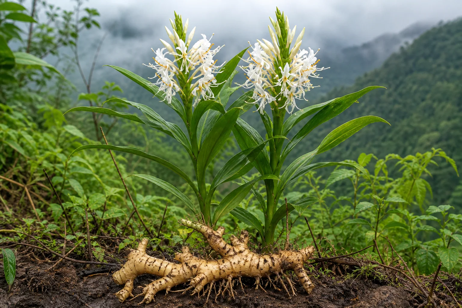 Spiked ginger lily on a misty Himalayan slope with broad leaves, white terminal flower spikes, and a freshly lifted pale branching rhizome.