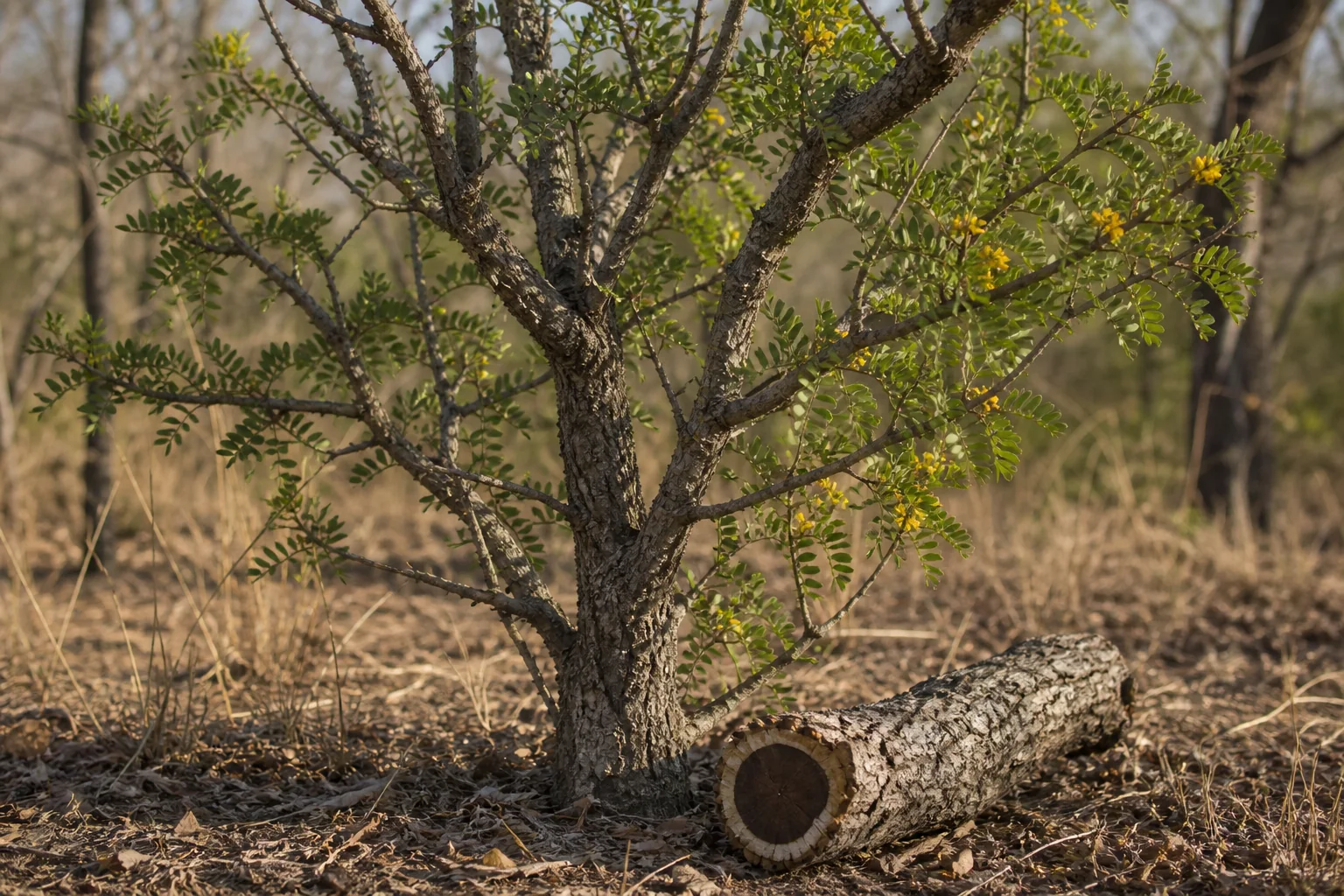 Guaiacwood in a dry Gran Chaco forest with paired oval leaflets, small yellow flowers, and a fallen branch exposing dark olive-brown heartwood.