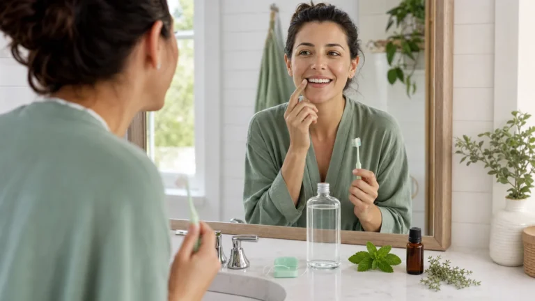 Adult checking healthy gums while holding a toothbrush beside floss, mouthrinse, and a sealed essential oil bottle.