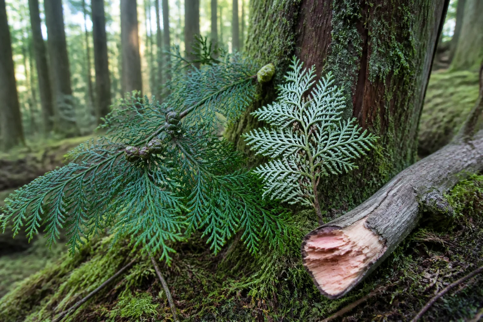 Hinoki cypress in a mossy Japanese forest with green and pale-marked leaf sprays, small round cones, and fallen wood exposing pinkish heartwood.