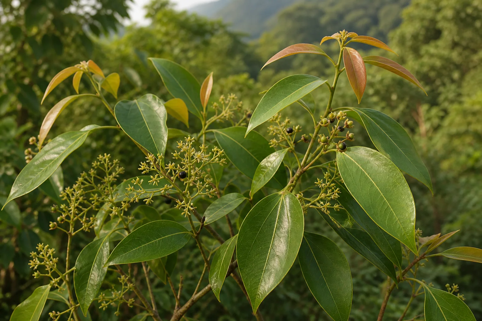 Ho tree branch with glossy pointed leaves, copper new growth, tiny cream flower panicles, and a few small black drupes.