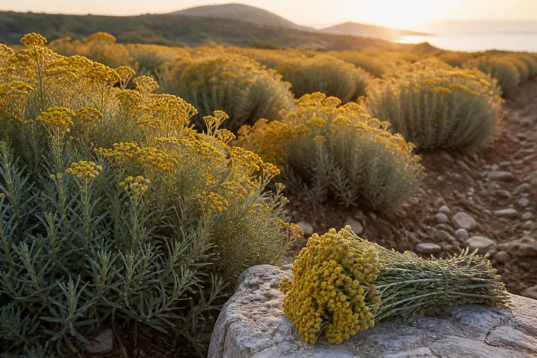 Rows of immortelle with narrow silver-green leaves and mustard-gold flower heads, with a freshly cut bundle resting on pale stone.