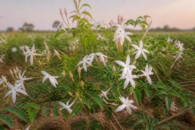 Royal jasmine in an Egyptian flower field with pinnate leaves, pink-tinged tapered buds, and open white star-shaped five-petaled flowers.