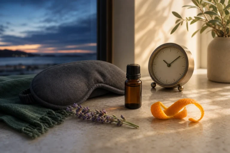 Amber essential oil bottle with a sleep mask, travel clock, lavender, and orange peel.
