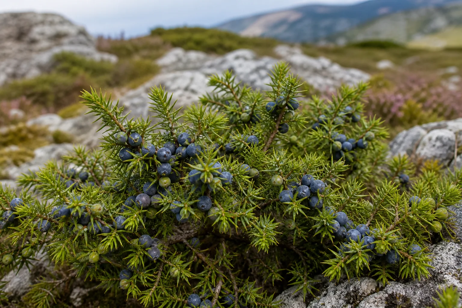Common juniper on a rocky mountain heath with sharp needle whorls, green young cones, and ripe blue-black berry cones with a powdery bloom.