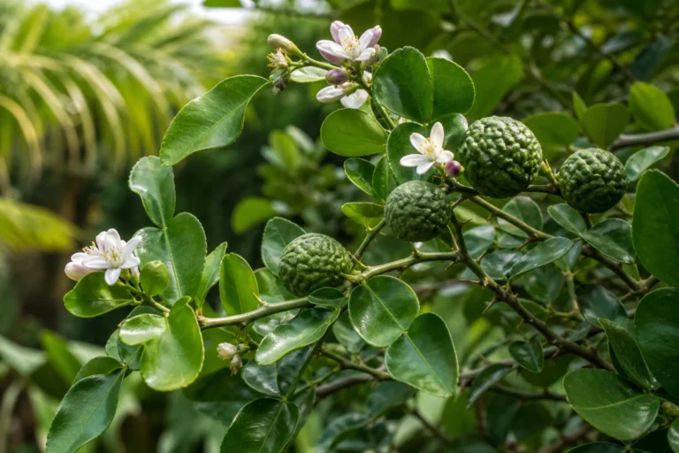 Makrut lime branch with glossy double-lobed leaves, thorns, white flowers, and small green fruit with deeply wrinkled pebbled rinds.