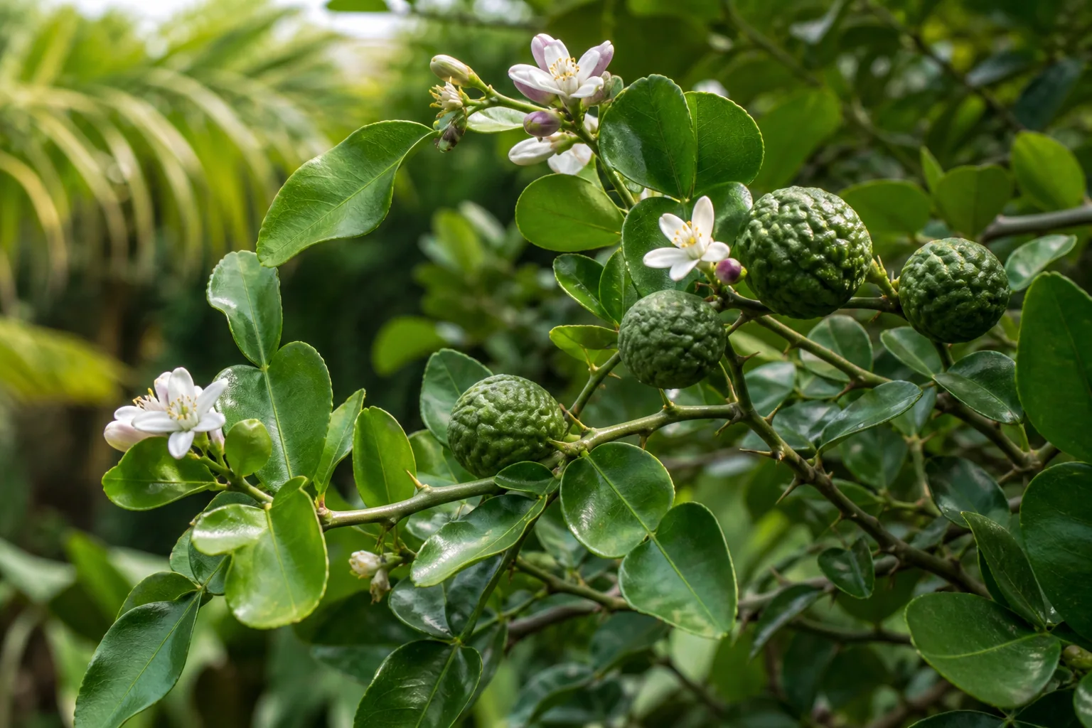 Makrut lime branch with glossy double-lobed leaves, thorns, white flowers, and small green fruit with deeply wrinkled pebbled rinds.