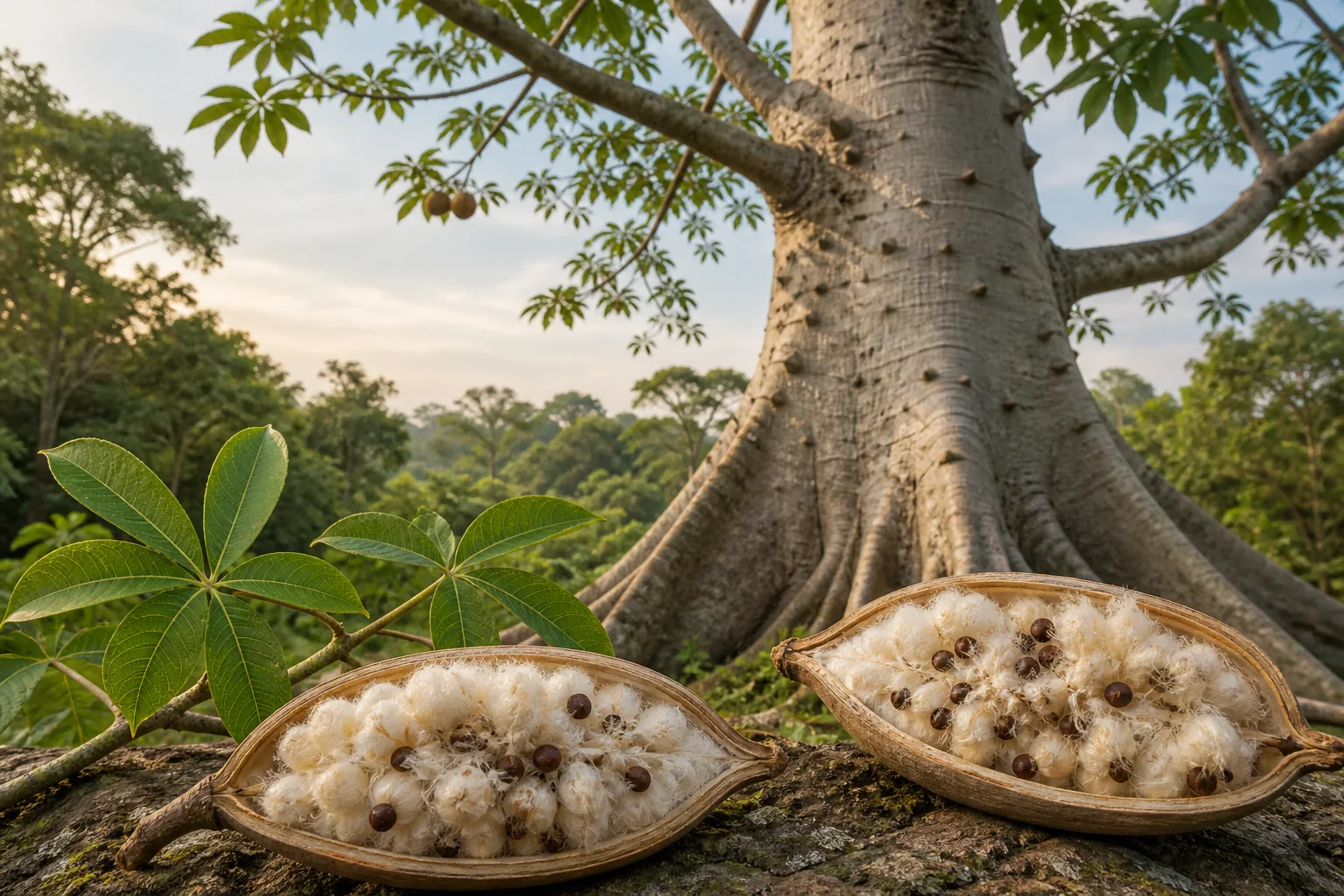 Large buttressed kapok tree with a spiny pale trunk, palmate leaves, and split woody pods filled with silky fiber and dark seeds.