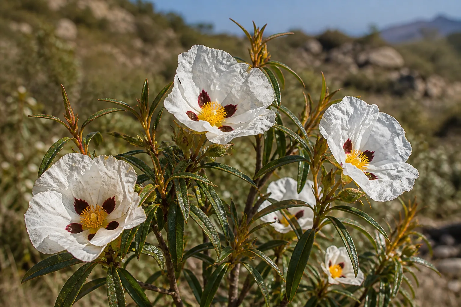 Gum rockrose on a Spanish hillside with narrow glossy three-veined leaves and crumpled white flowers marked by burgundy spots around golden centers.