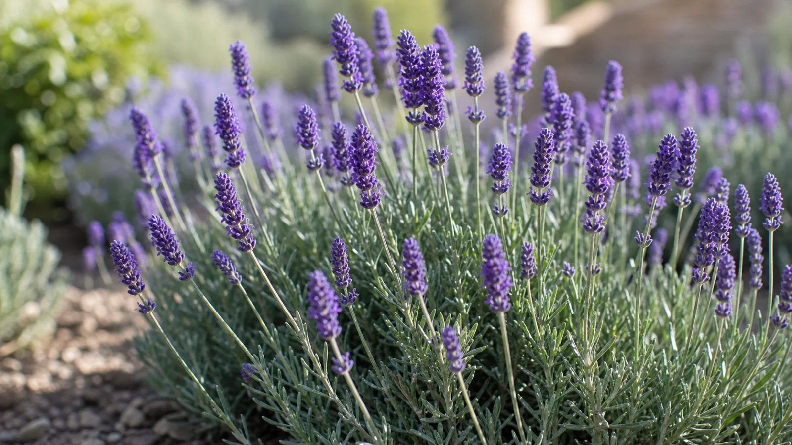 Flowering true lavender plant with purple spikes and narrow silvery-green leaves.