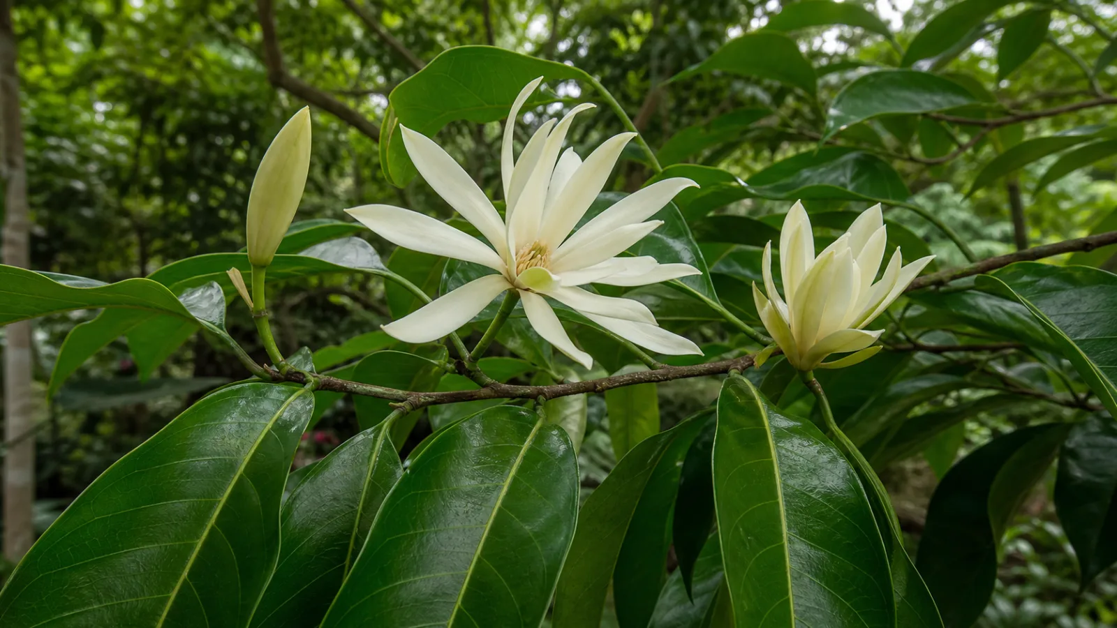 White champaca branch with glossy elongated leaves, an ivory flower with narrow tepals, a half-open bloom, and a bud.