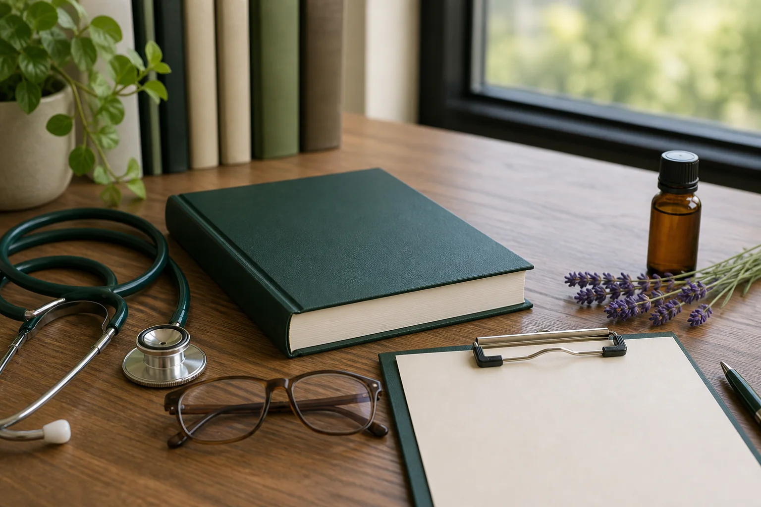 Estetoscopio junto a un cuaderno y plantas aromáticas