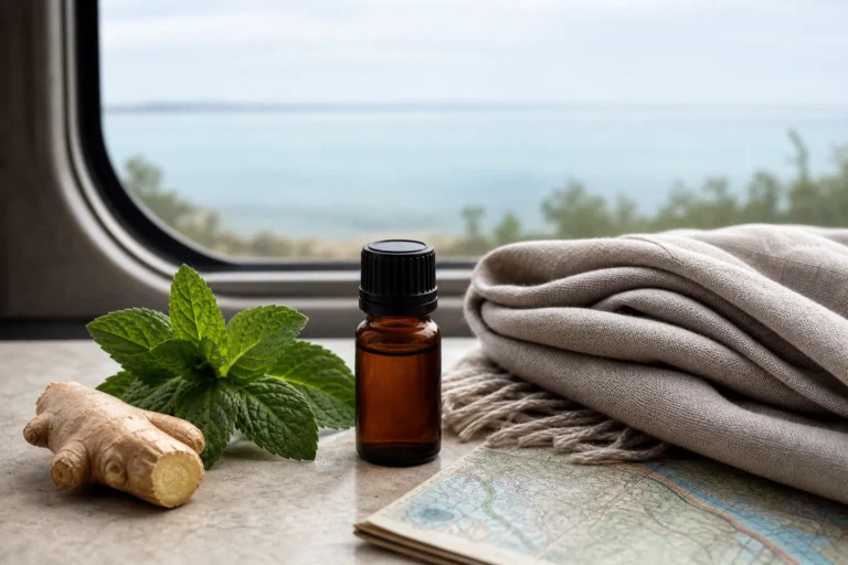Amber essential oil bottle with peppermint, ginger, a travel scarf, and a folded map.