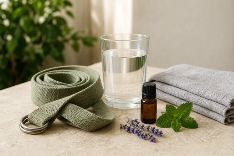 Glass of water with a stretching strap, towel, amber essential oil bottle, lavender, and peppermint.