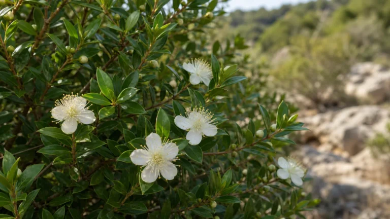 Common myrtle shrub with opposite glossy pointed leaves and solitary white flowers filled with fine stamens.