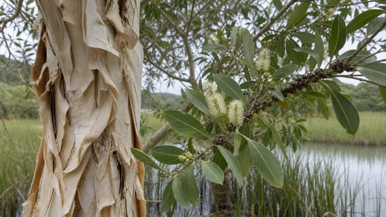 Niaouli tree with layered cream paperbark, broad five-veined leaves, creamy flower spikes, and woody capsules on an older branch.