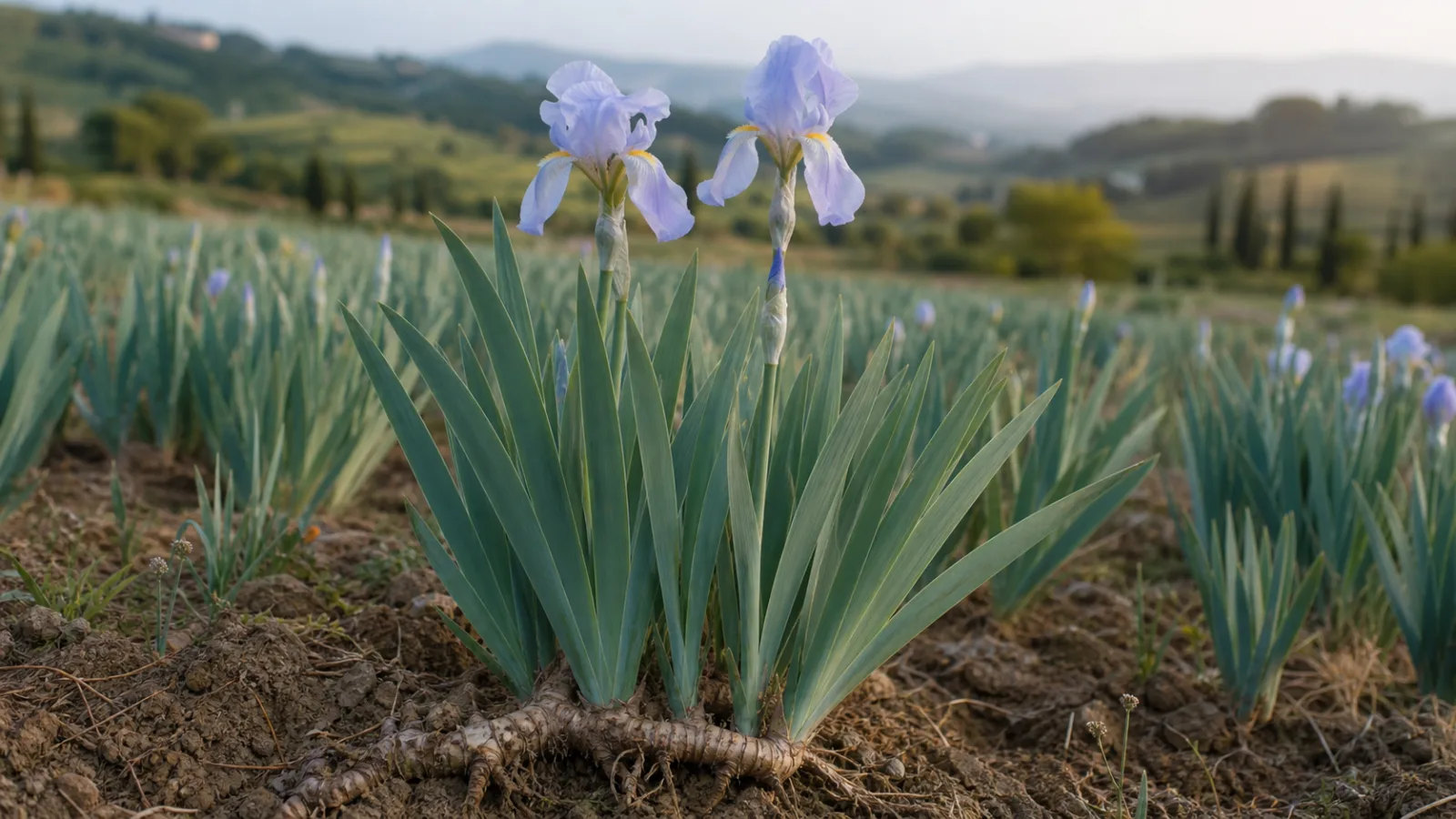Pale lavender bearded iris flowers above blue-green sword leaves and a partly exposed branching rhizome in a Tuscan field.