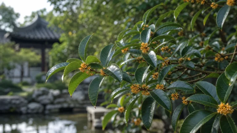 Fragrant osmanthus branch with glossy finely toothed leaves and clusters of tiny golden-orange flowers in a Chinese garden.