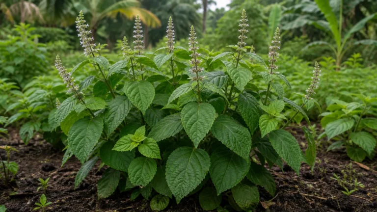 Patchouli plant with broad wrinkled green leaves and slender spikes of tiny pale lavender flowers in a tropical garden.