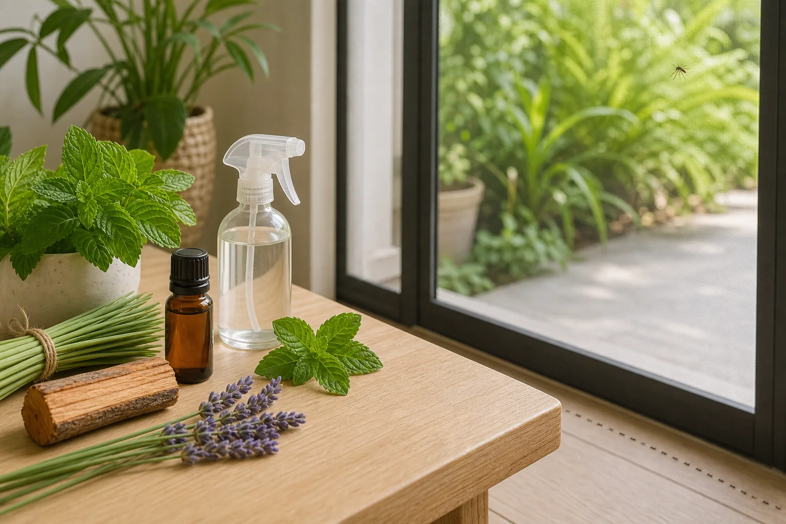 Amber essential oil bottle with peppermint, citronella grass, cedarwood, lavender, and a household spray bottle by a screened door.