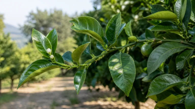 Bitter orange branch with glossy leaves, broad winged petioles, white flower buds, and one small green fruit in a Mediterranean grove.
