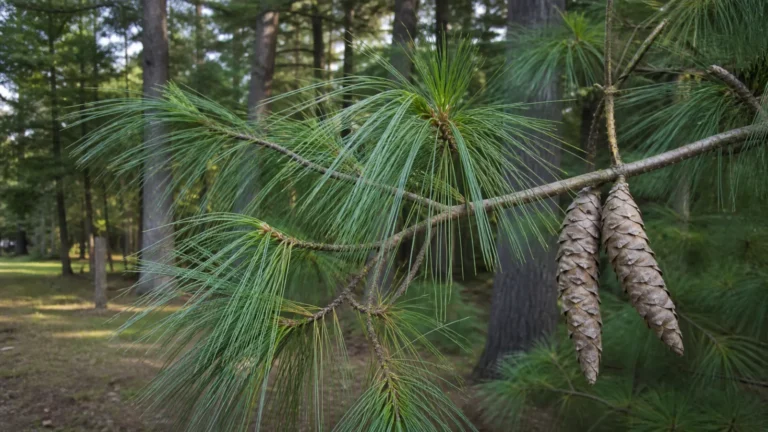 Eastern white pine branch with soft blue-green needles and two long slender hanging cones in a woodland setting.